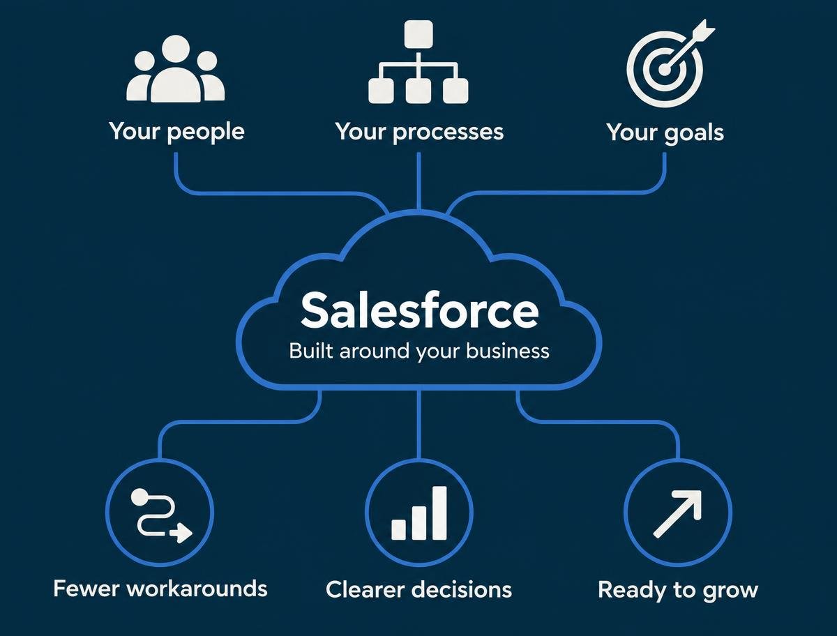 Your people, processes and goals shape Salesforce around your business, resulting in fewer workarounds, clearer decisions and readiness to grow.